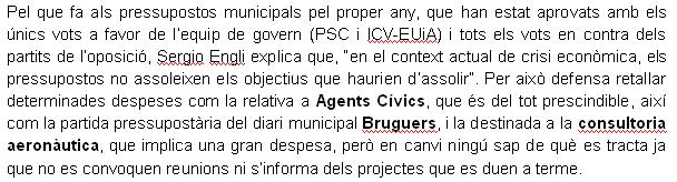 Nota de premsa del PPC de Gav&agrave; on expliquen que han demanat retallar la despesa destinada a la consultoria aeron&agrave;utica de l'Ajuntament de Gav&agrave; (24 Octubre 2008)